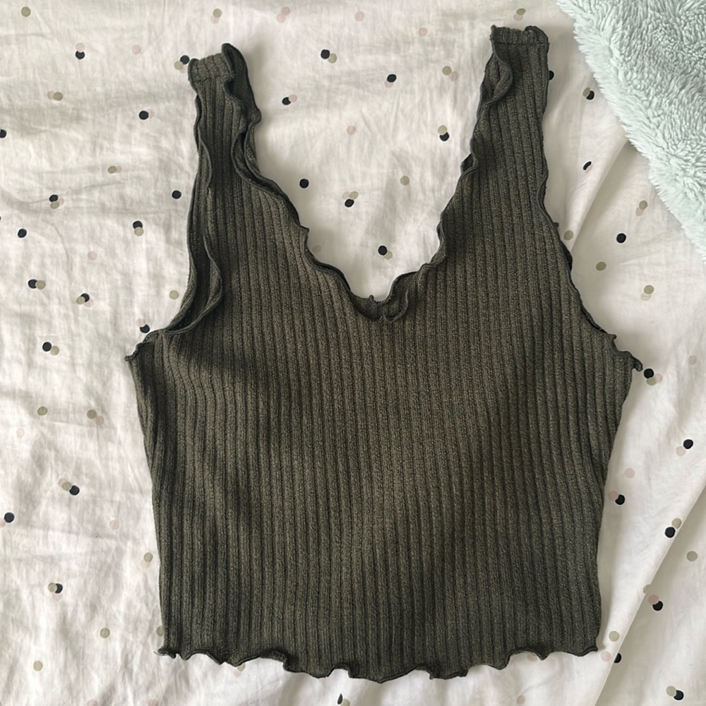 Dark green ruffled trim tank top